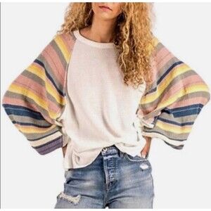 We The Free Women Large Rainbow Dreams Balloon Sleeve Top Waffle Knit Oversized